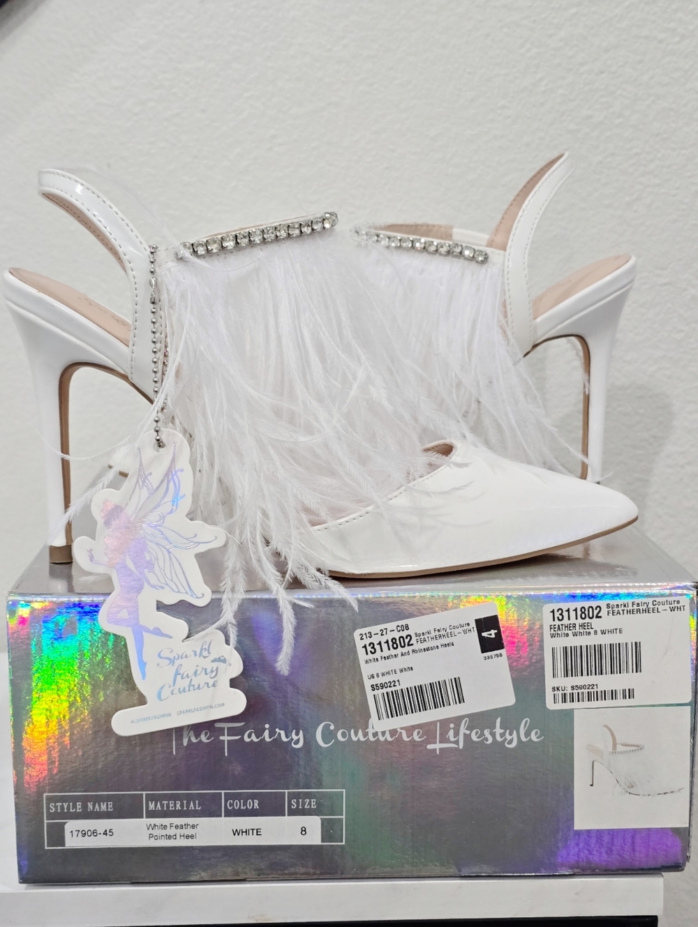 Sparkl Fairy Couture ✦ White Feather Rhinestone Pumps ✦ Vegan Bridal Embellished - Picture 14 of 16